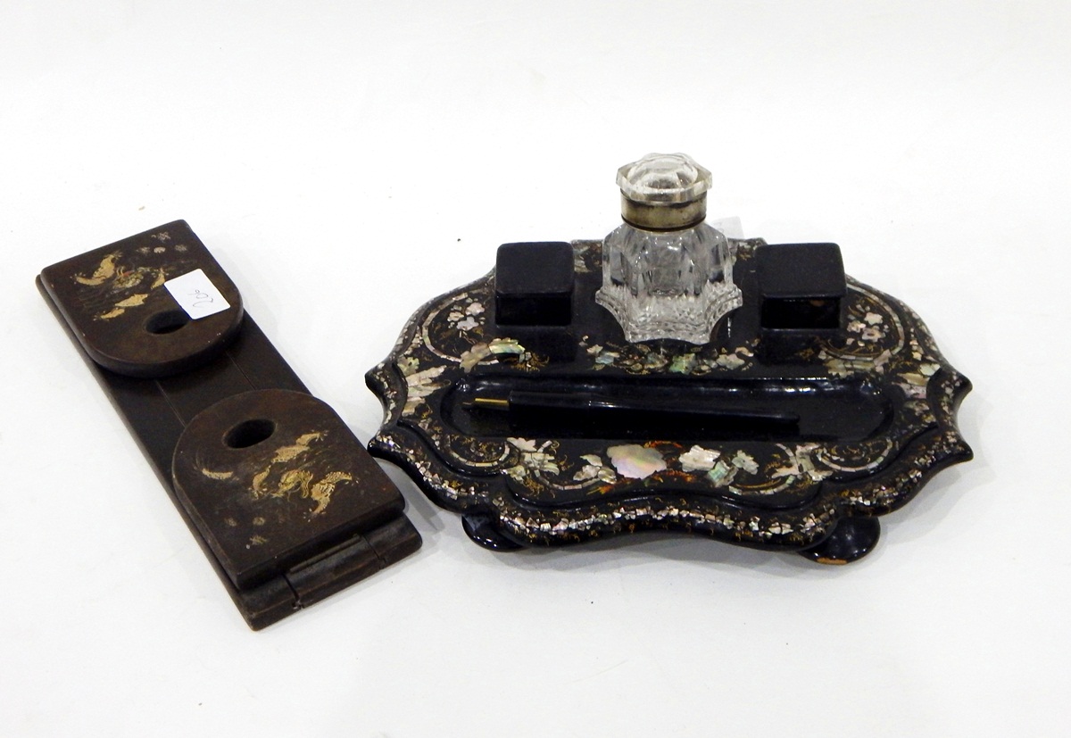 Victorian papier machine inkstand of shaped form inlaid with mother-of-pearl flowers,