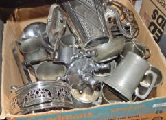 Various silver plate items, pewter tankards, metal fire companion, two magazine racks,