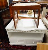 Teak and tiled inset lamp/coffee table and a white painted chest with open stage,