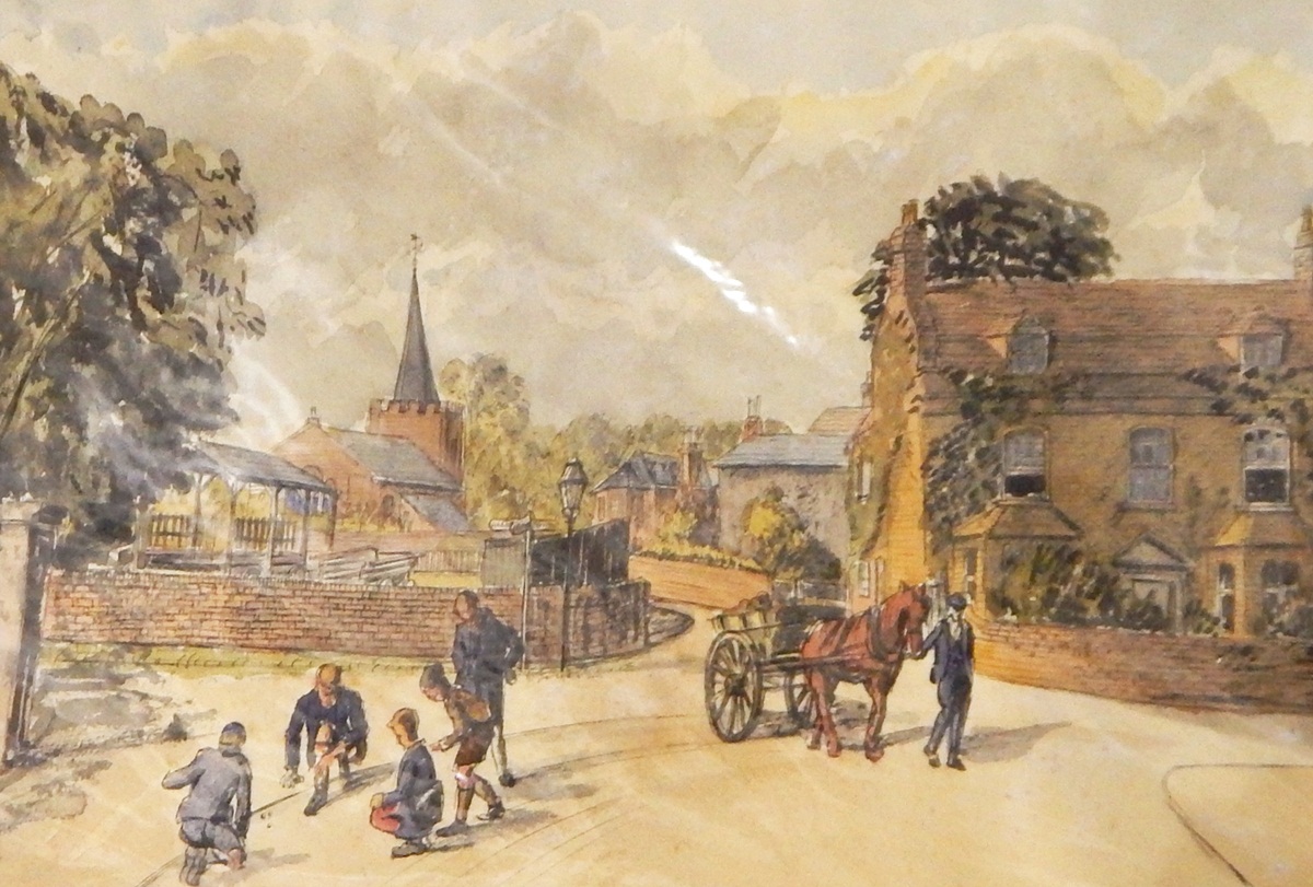 Karl Hagedorn (1889-1969) Watercolour Village scene with children playing marbles, horse and cart,