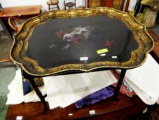"B Walton & Co Warranted" papier mache tray with scalloped edges and gold leaf borders,