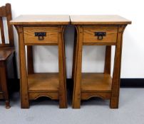 Pair of oak side tables with single frieze drawer, under shelf,