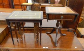 Reproduction mahogany pedestal telephone table with leather inset top and a nest of three stained