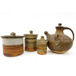 Studio pottery ewer with two handles and cover in brown glazes, assorted studio pottery bowls,