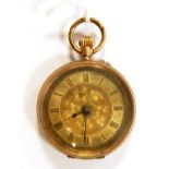 9ct gold cased lady's pocket watch with engraved and foliate decoration to backplate