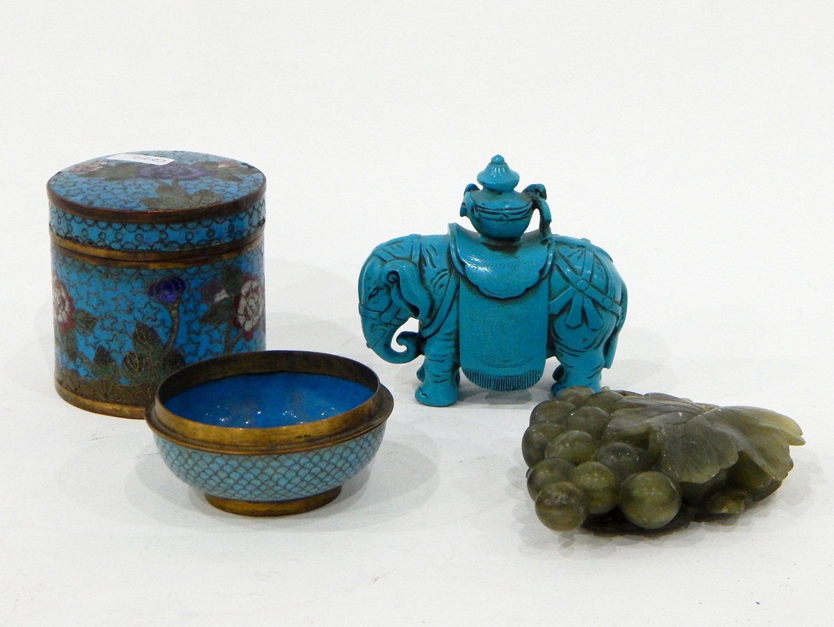 Cloisonne jar and cover of cylindrical form decorated with flowers on a turquoise ground,