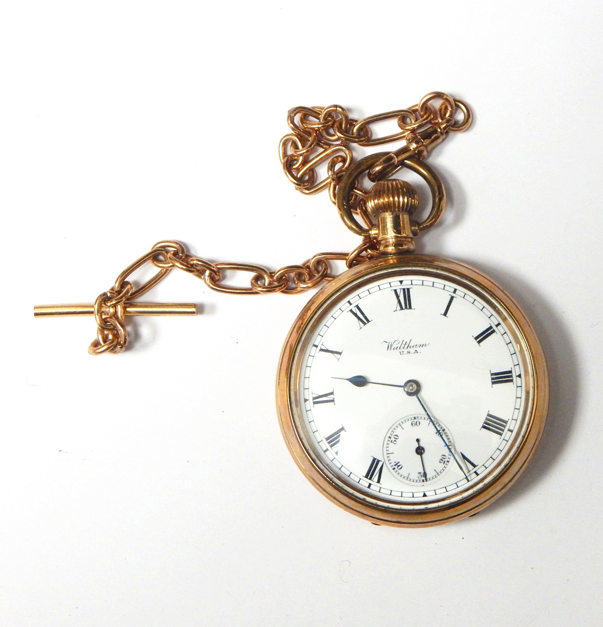 Open-faced pocket watch in gold plated case, with enamel dial,