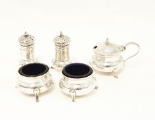 George V silver condiment set of five pieces viz:- pair salts, mustard and pair pepperettes,