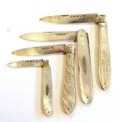 Silver bladed folding fruit knife with mother-of-pearl bead engraved decoration,