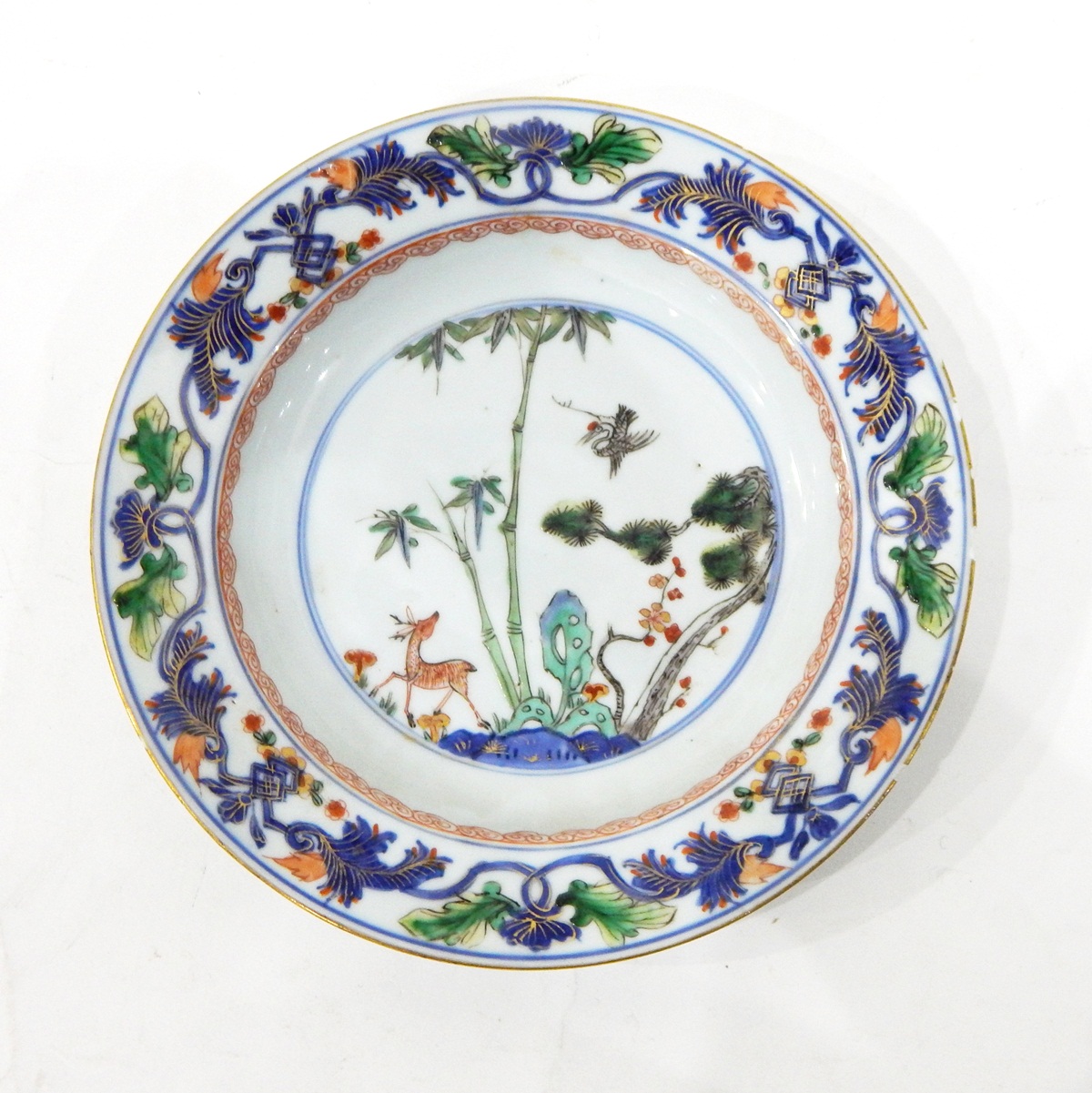 19th century Chinese porcelain plate, the centre decorated with a deer beneath bamboo,