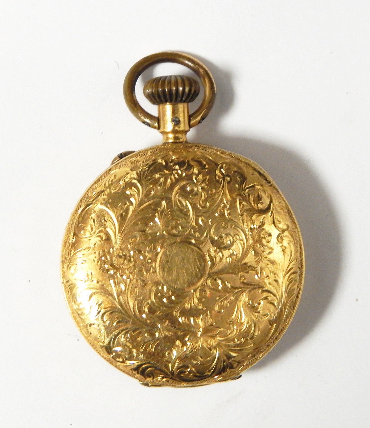 Gold open-faced fob watch with engraved foliate scroll decoration, - Image 2 of 2