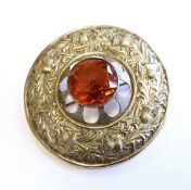 Scottish silver coloured metal and paste sash brooch, circular,