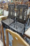 Pair of 19th century carved oak dining chair with scroll and crown top rails, acorn finials,