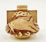 Art Deco pottery two-handled vase of conical form with raised decoration of fish on a brown ground,