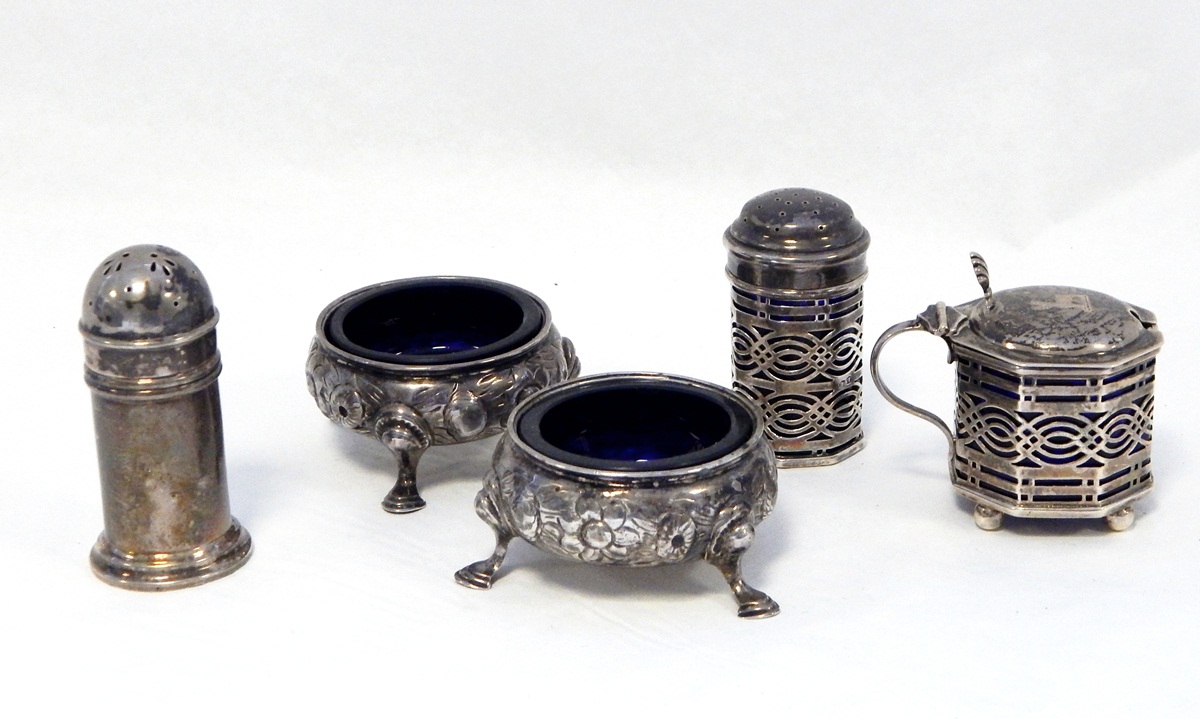 Pair of Victorian silver open salts raised on pad feet,