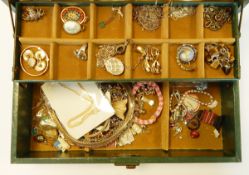 Quantity of costume jewellery in green and gilt simulated leather jewellery case