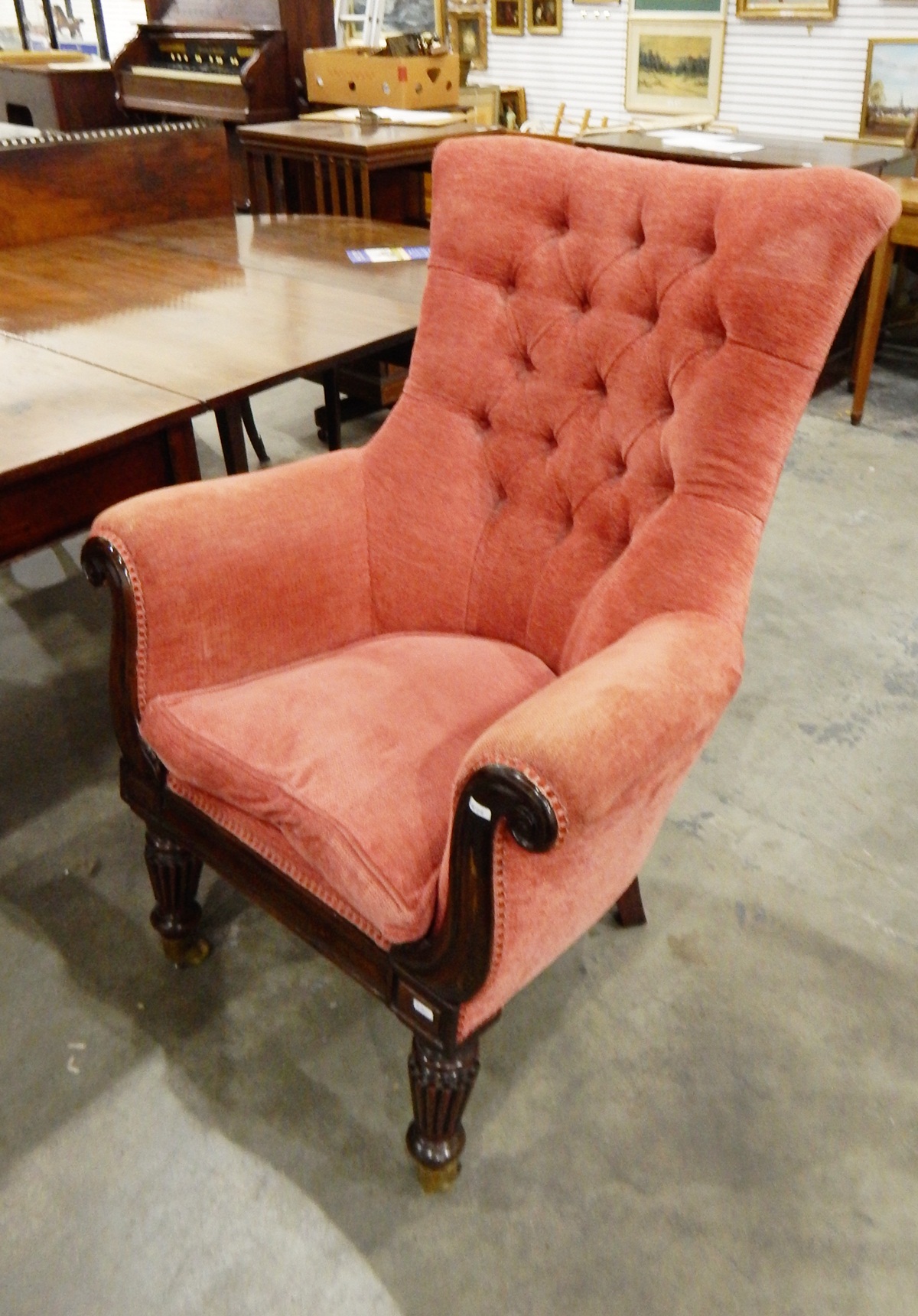 Victorian button-back armchair covered with red weave,