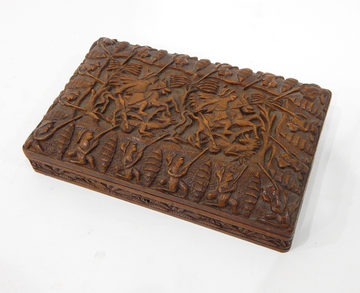 Carved hardwood cigarette box, intricately decorated with foliate scrolls, - Image 3 of 3