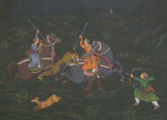 20th century Eastern school Gouache on paper Moguls on horseback hunting tigers,