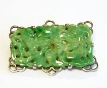 Early 20th century 9ct white gold and jade brooch, rectangular,