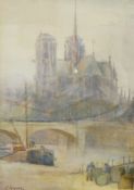 C Newman Watercolour drawing A view of Notre Dame with bridge in foreground,