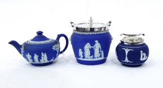 Wedgwood blue jasperware teapot decorated with classical figures,