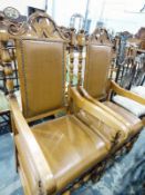 Pair of 20th century oak carver chairs with arched back top rail, bobbin turned uprights,