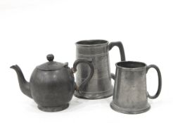 Quantity of pewter tankards, goblet, sauce boat, etc.