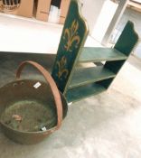 A three tier hanging wall shelf painted green with fleur de lys and a brass jam pan (2)