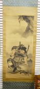 Three Oriental painted and printed scrolls, a warrior with sword,