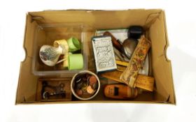 Box of miscellaneous items including a Rowney & Co protractor/ruler, a quantity of coinage,