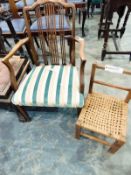 Edwardian beechwood carver's chair with overstuffed seat and a child's seagrass seated chair (2)