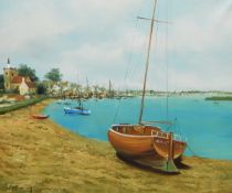 Longman (modern) Acrylic on canvas Boats moored up with town scene, signed indistinctly lower left,