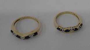 Pair of 9ct gold, sapphire and diamond set dress rings,