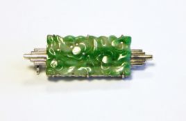 Early 20th century 9ct white gold and jade brooch, rectangular,