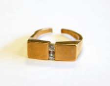 18ct gold and diamond ring, the rectangular top having two diamonds channel set to the centre,