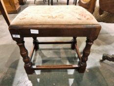 19th century oak piano stool with woven floral fabric top,