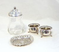 Pair of Edwardian silver open salts with foliate scroll borders, raised on paw feet,