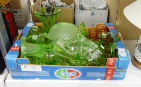 Large quantity of Art Deco green glass including vases, bowls, pin trays,