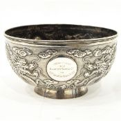 Chinese silver Woshing footed bowl, repousse with dragons and cloud scrolls,