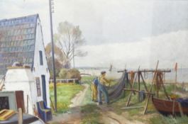 Hyning(?) (20th century) Oil on canvas Seascape with cottage, two men fixing fishing nets,