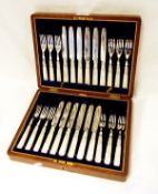 Set of 12 silver plate dessert knives and forks with mother-of-pearl handles,