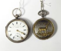 Silver cased open-faced pocket watch with enamel dial and subsidiary seconds hand,