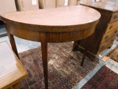 Mahogany demi lune card table with brown baize interior inset,