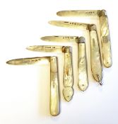 Five 19th century folding silver-bladed fruit knives with mother-of-pearl scales (various)
