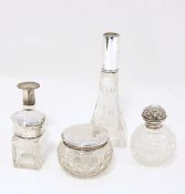 George V silver-topped cut glass toilet jar (af) and five various silver and cut glass scent