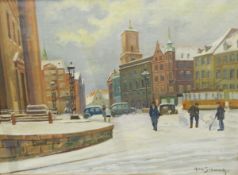 Holm Schwartz (mid 20th century) Oil on canvas Snow street scene with figures in town centre lower