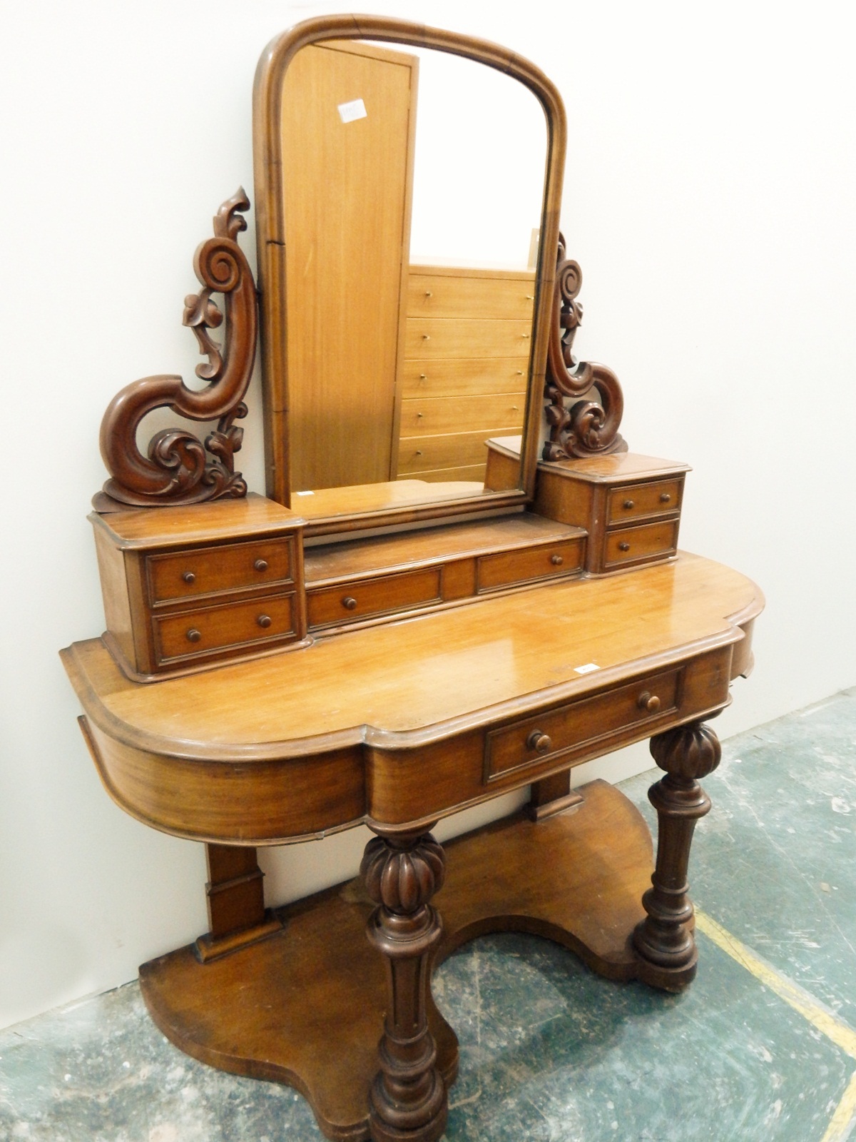 Victorian mahogany demi-lune duchess-style dressing table with arched top, swing mirror,
