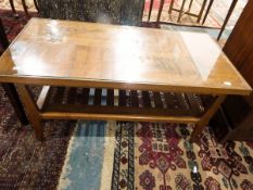 Modern Oriental hardwood coffee table with carving of ships, palm trees and hut, undershelf,