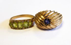 9ct gold dress ring, domed with reeded decoration and set with bluestone,